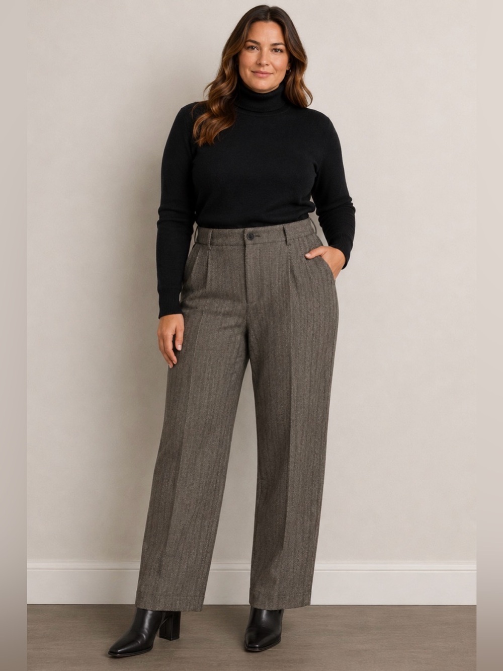 Lauren Ralph Lauren Gray 100% Wool Herringbone Pants 14 Pleated Straight Leg